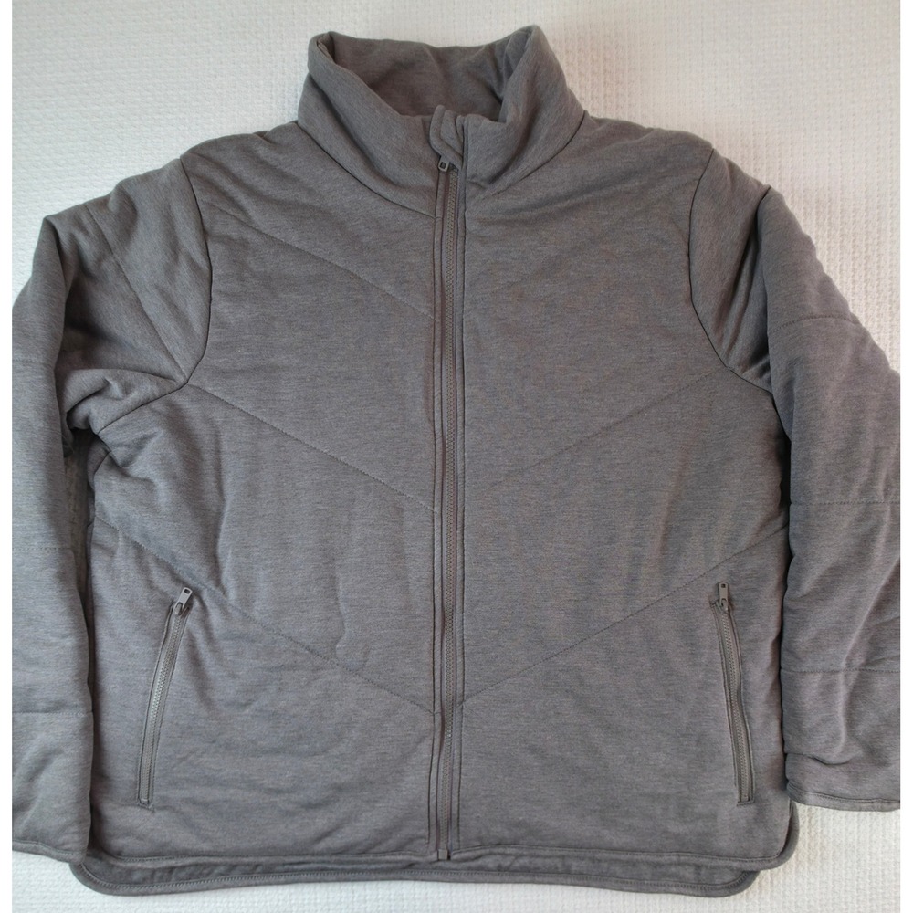 Three Dots Quilted Jacket Women L Gray Full Zip Mock Neck Chevron Puffer